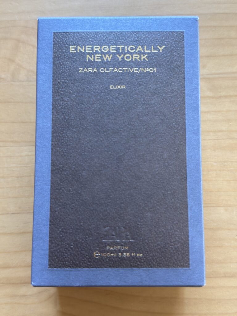 Zara Energetically New York Elixir fragrance box with brown textured panel