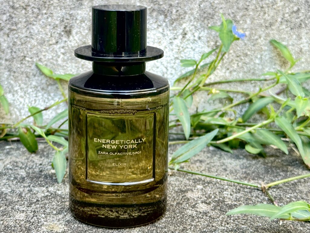 Zara Energetically New York Elixir perfume bottle aesthetic close-up shot