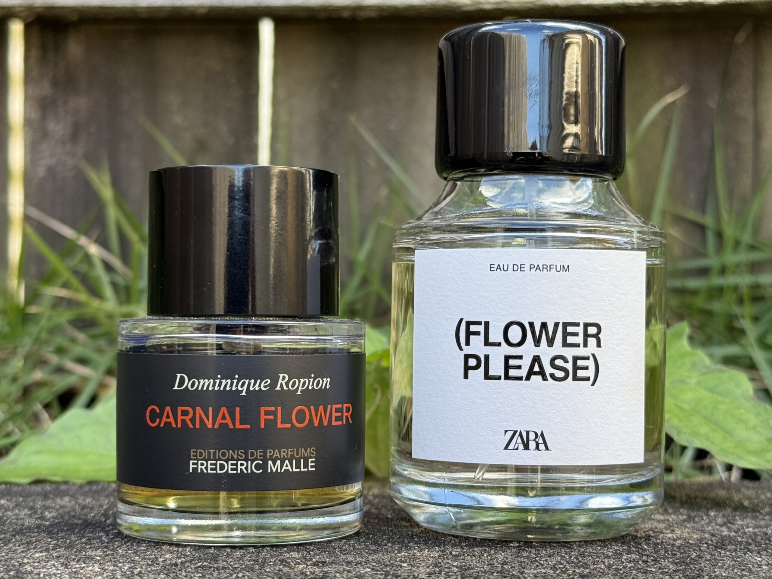 Frederic Malle Carnal Flower and Zara Flower Please photographed outdoors against a natural green background