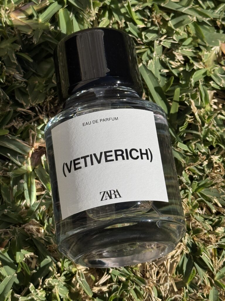 Zara Vetiverich perfume bottle photographed outdoors in sunlight