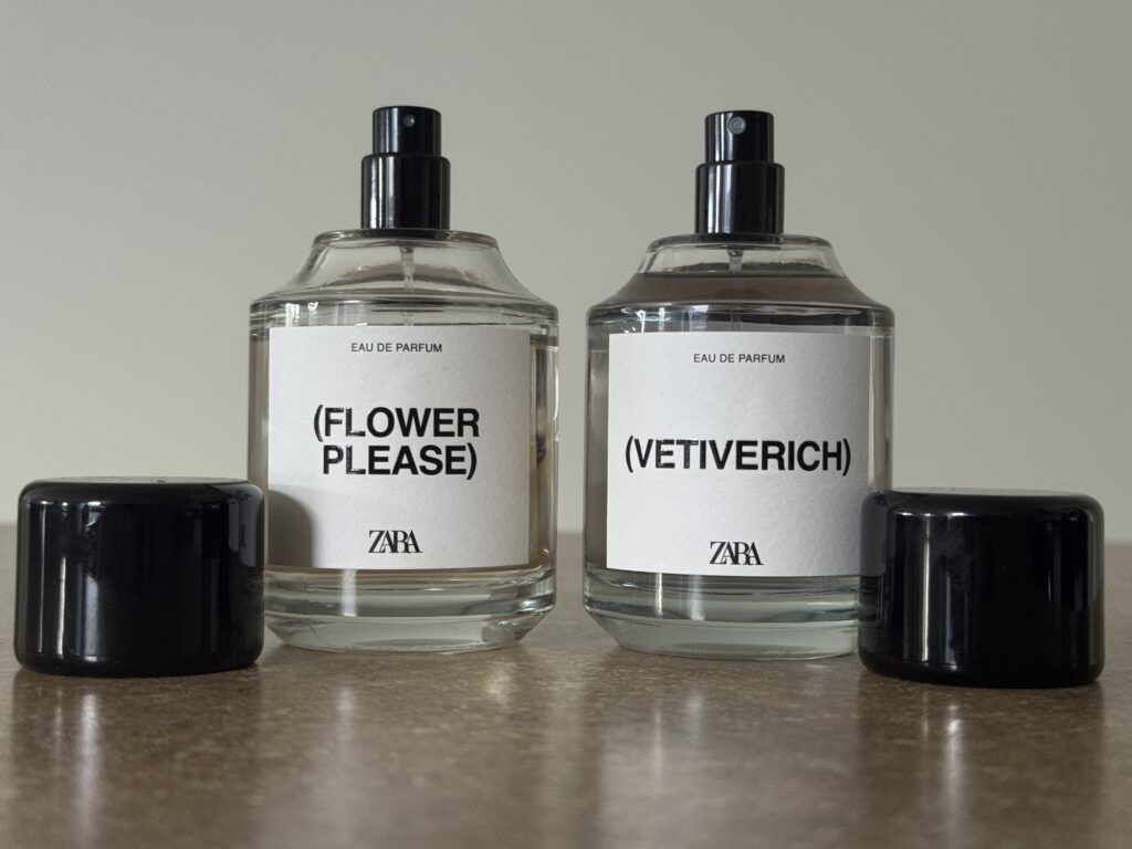 Zara Flower Please and Vetiverich perfume bottles with caps removed