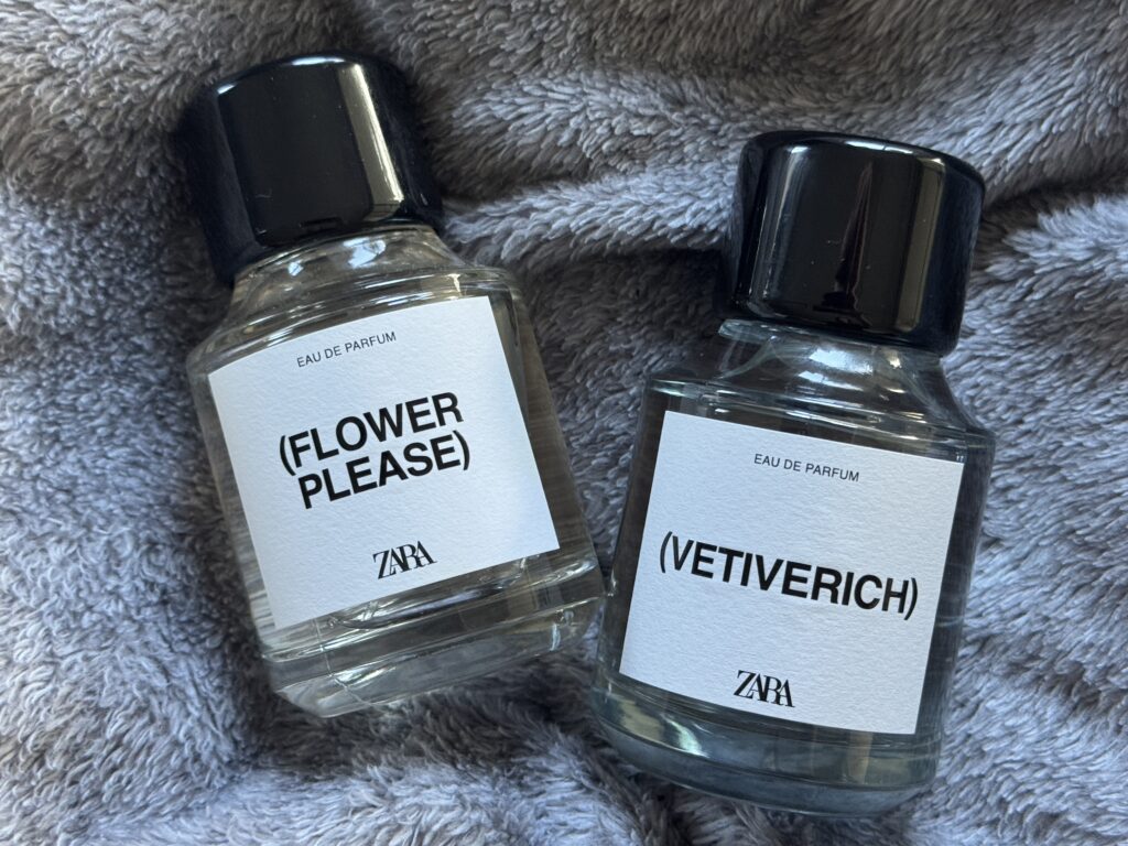 Zara Flower Please and Vetiverich on a soft grey blanket