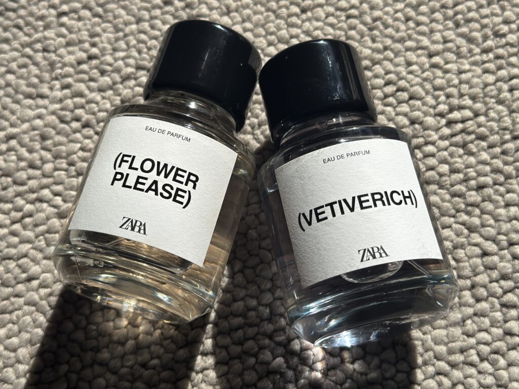 Zara Flower Please and Vetiverich bottles in natural sunlight