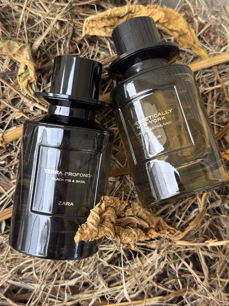 Zara Terra Profonda vs Energetically New York Elixir bottles on dry grass